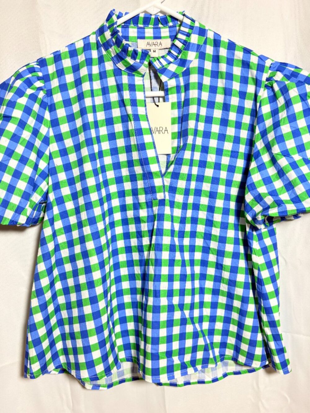 Avara Blue Green Gingham Puff Sleeve Top NWT Size M